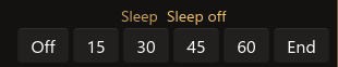 Sleep timer set to Sleep off, with buttons Off, 15, 30, 45, 60, and End.
